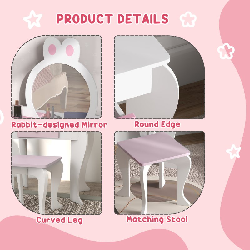 ZONEKIZ Kids Dressing Table with Mirror and Stool , Kids Vanity Table Girls Dressing Table with Drawer, Storage Shelf, Rabbit Design, for Ages 3-6 Years - White and Pink