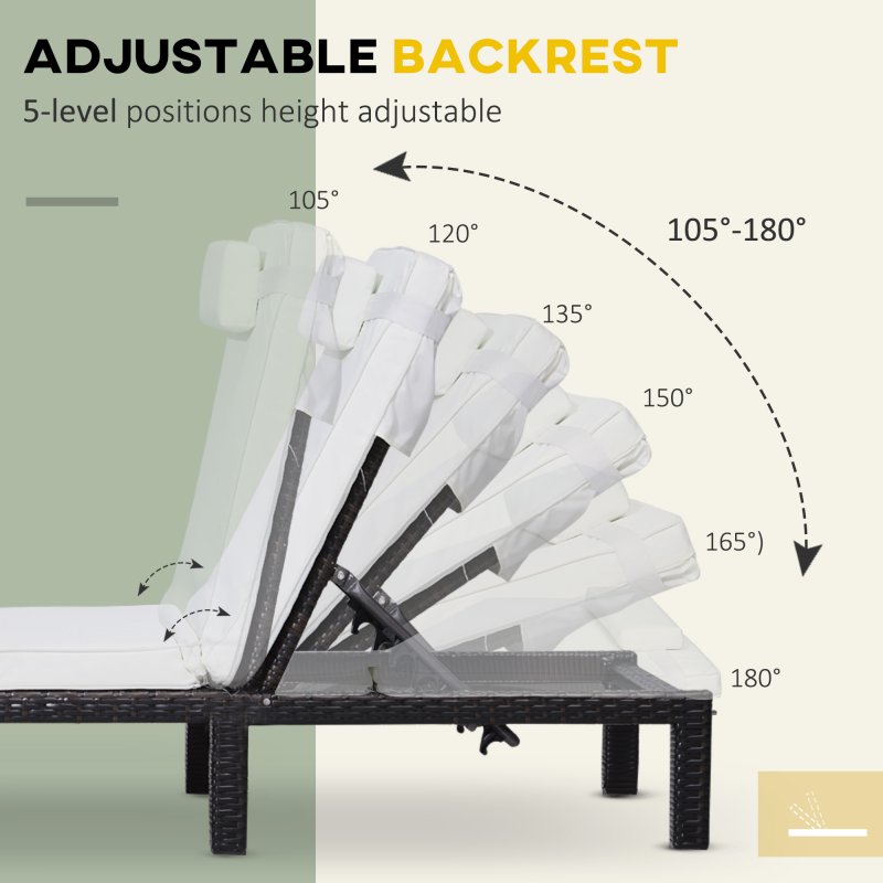 Outsunny Rattan Sun Lounger, 5-Level Adjustable Garden Lounger Recliner with Cushion and Headrest, Outdoor Reclining Sunbed, Steel Frame Garden Chair for Patio, Beach, Terrace, Cream White