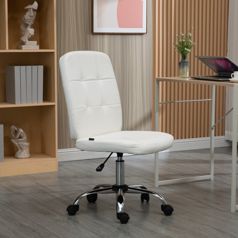 Vinsetto Armless Office Chair, Faux Leather Desk Chair with Adjustable Height, Button Tufted, White