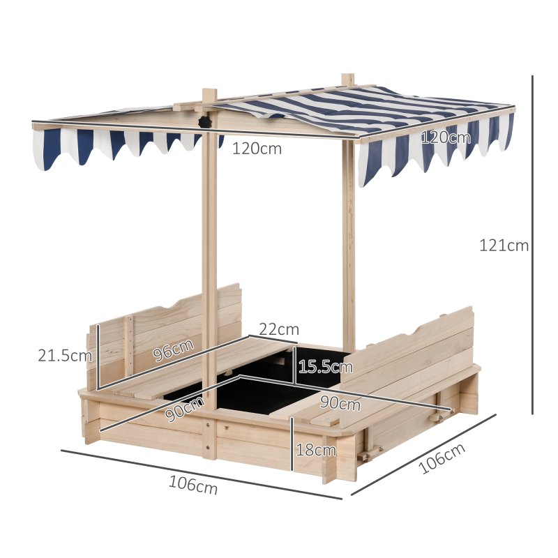 Outsunny Kids Wooden Sand Pit with Lids, Children Sandbox Height Adjustable Canopy for Garden, Convertible Bench Outdoor Garden Playset, Blue and White Canopy