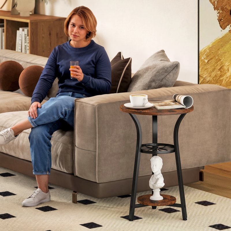 HOMCOM Small Round Side Table for Narrow Space, 3-Tier End Table with Storage Shelves, Industrial Nightstand for Living Room, Bedroom, Rustic Brown