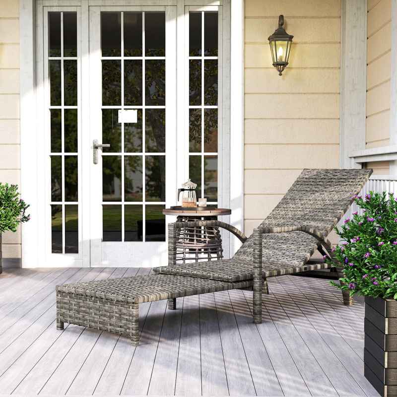 Outsunny PE Rattan Sun Lounger, Garden Lounger with 4-Level Adjustable Backrest, Outdoor Sunbed with Retractable Footrest for Balcony, Beach, Patio, Mixed-grey