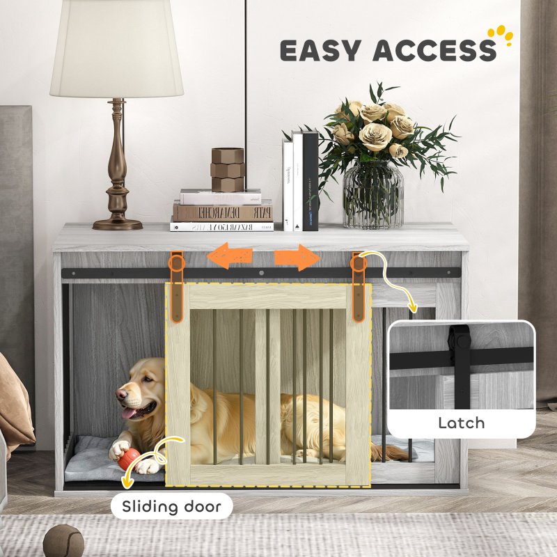 PawHut Dog Crate Furniture, Dog House Furniture Style for Large Breeds, Pet Kennel with Removable Cushion for Indoor Use, 98 x 58 x 61cm, Grey