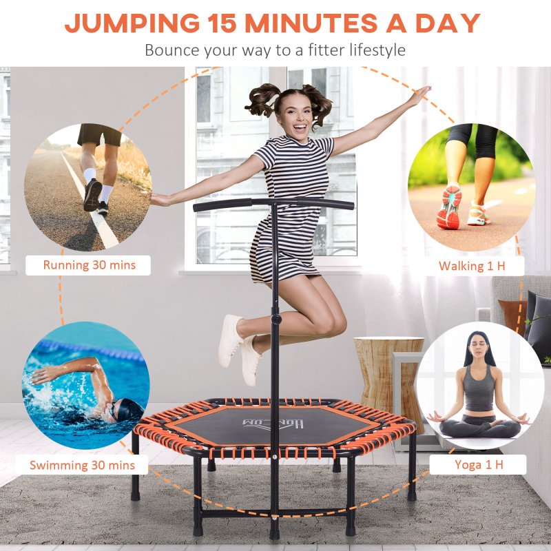 HOMCOM 48" Mini Fitness Trampoline Rebounder Indoor Outdoor Mini Jumper with Adjustable Handle Hexagonal Orange