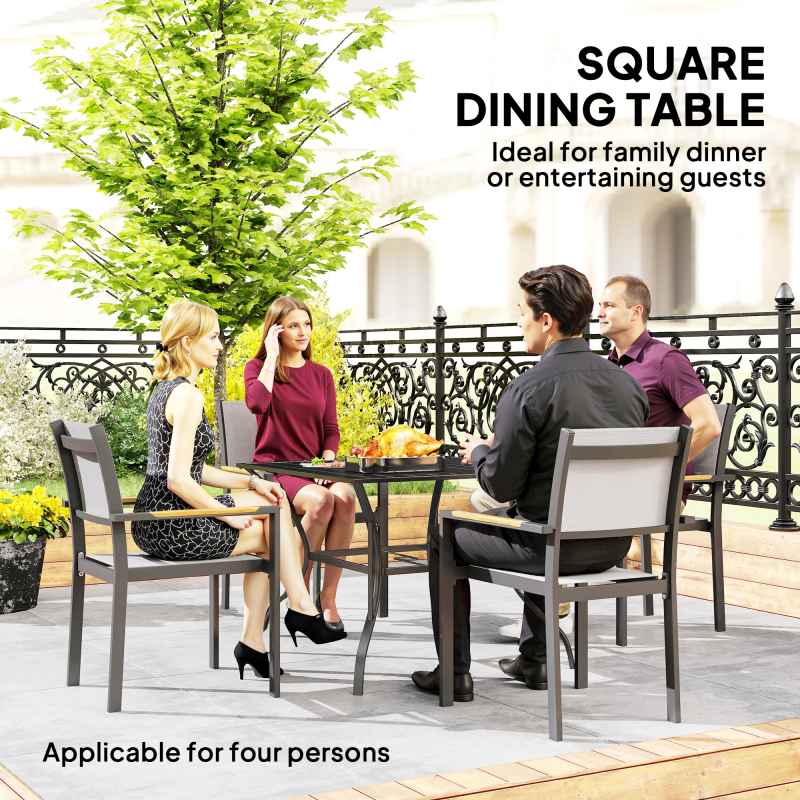 Outsunny 94 x 94 cm Garden Dining Table with Parasol Hole, Square Patio Table with Slatted Metal Plate Top, Black