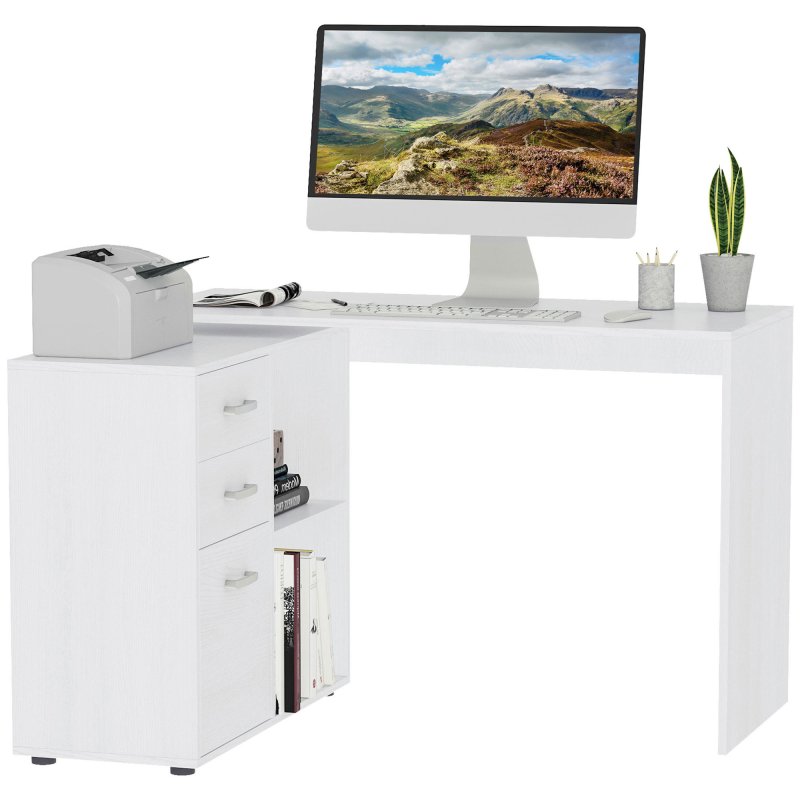 HOMCOM L Shaped Computer Desk, Reversible Home Office Desk with Drawers, File Cabinet and Storage Shelves, Study Table, 117 x 83.5 x 76cm, White