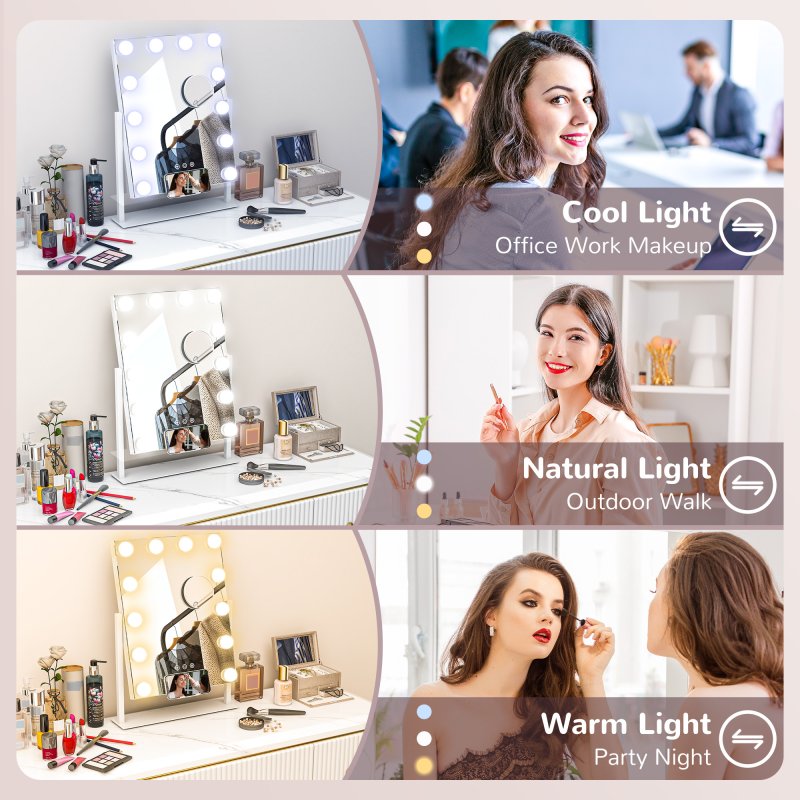 HOMCOM Hollywood Vanity Mirror with Lights, 37x46 cm Lighted Makeup Mirror with 3 Colour, 12 LED Bulbs, 10X Magnifying, USB Charging Port, Phone Holder, 360 Rotation, Touch Screen