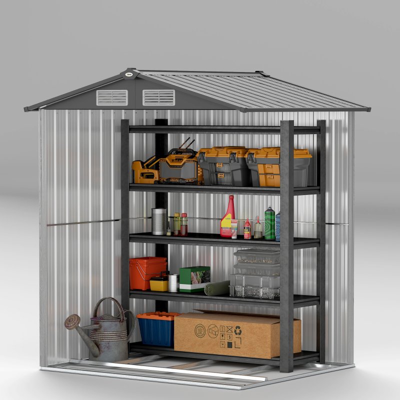 Outsunny 5ft x 4ft Garden Shed, Metal Tool Storage Shed with Sliding Door, Sloped Roof and Foundation Kit for Garden, Patio, Grey Wood Effect