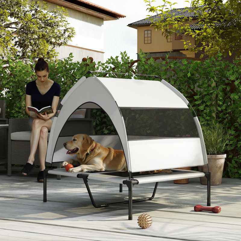 PawHut Elevated Dog Bed with Removable Canopy, Portable Cooling Raised Pet Cot with Breathable Mesh, Storage Bag, for Indoor Outdoor Use, for Medium Large Dogs, 92 x 75 x 89 cm, Light Grey