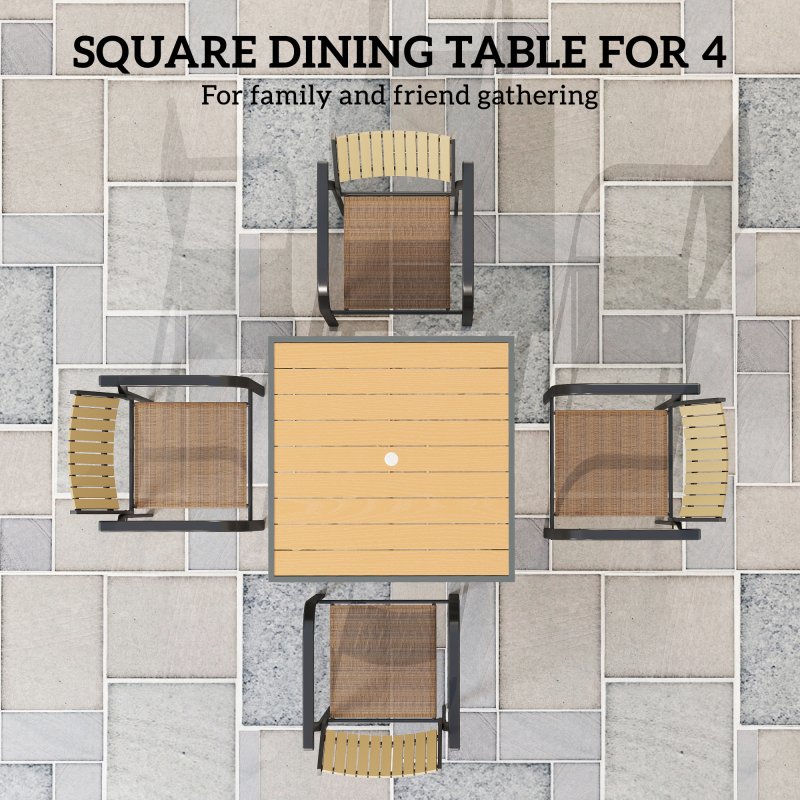 Outsunny Garden Table for 4, 90 cm Rectangular Outdoor Dining Table with 4.2 cm Umbrella Hole, Wood Effect Top, Rust Resistant Frame, for Patio, Balcony, Terrace, Natural Wood Finish