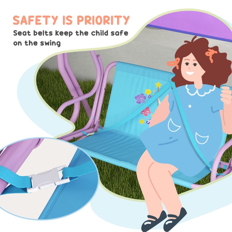 Outsunny 2 Seat Kids Swing Chair with Adjustable Canopy, Fairy Themed Double Kids Garden Swing Bench with Safety Belts for Patio Park Porch, for Ages 3-6 Years - Blue