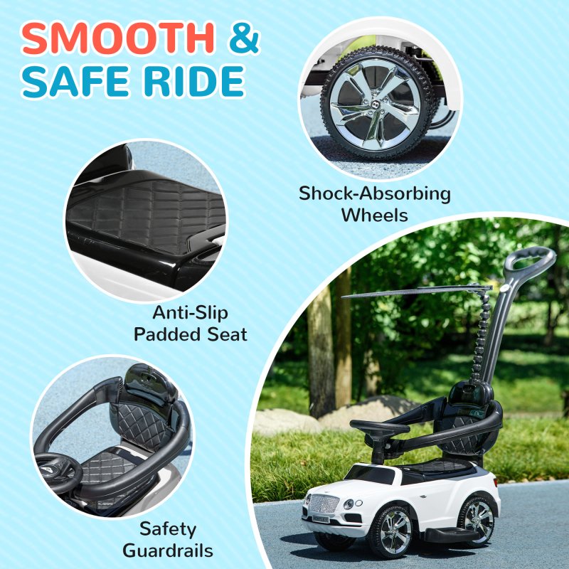 AIYAPLAY Bentley Bentayga Licensed Baby Push Car, 3-in-1 Ride on Car Foot to Floor Sliding Car with Removable Push Handle, Canopy, Horn Music, Storage, Safety Guardrail, for 12-36 Months, White