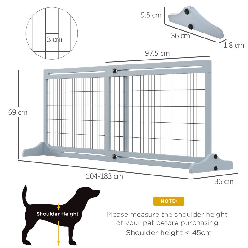 PawHut Freestanding Dog Gate, Foldable Pet Fence, Indoor Wood Barrier, Stair Gate with Support Feet, for Doorway, Hallway, Small and Medium Dogs, 69H x 104-183 cm, Blue-grey