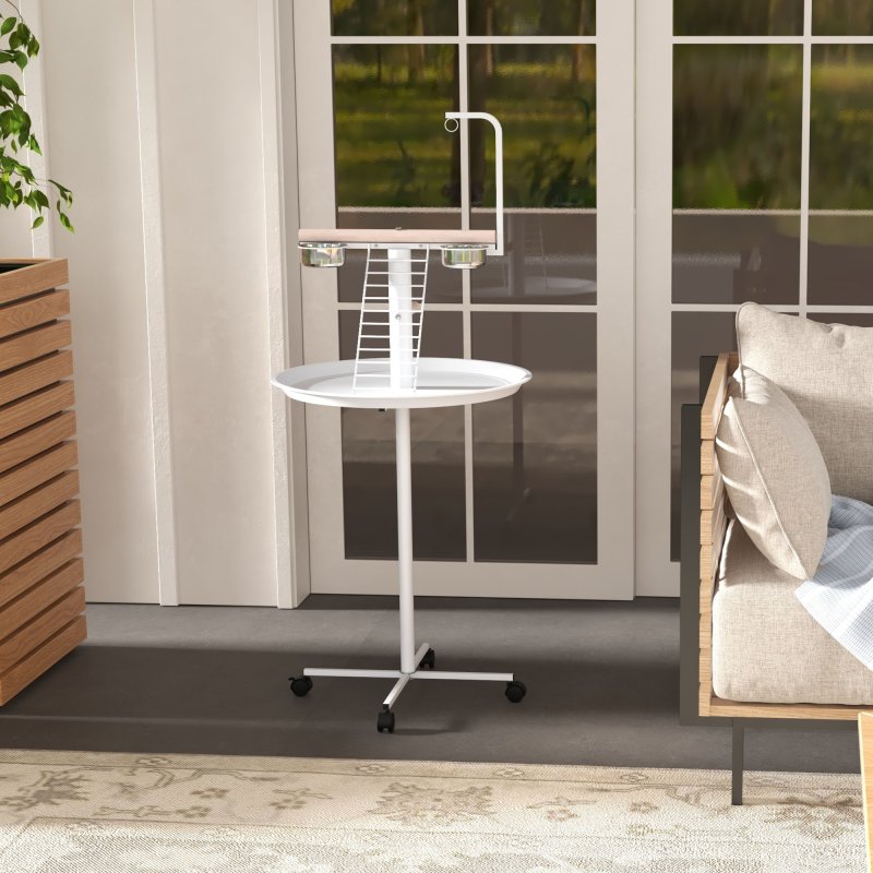 PawHut Bird Table, Bird Feeding Station with Wheels, Perches, Stainless Steel Feed Bowls, Round Tray for Indoor - White