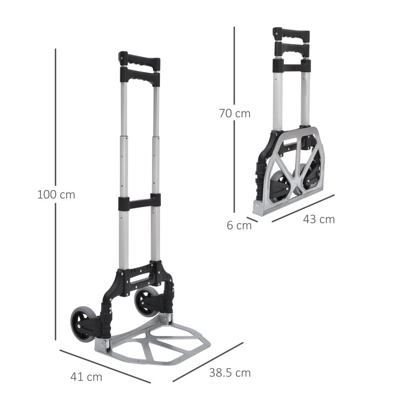HOMCOM Aluminium Folding Hand Truck Trolley, Heavy Duty Foldable Sack Cart with Adjustable Telescoping Handle, 70KG Load Capacity