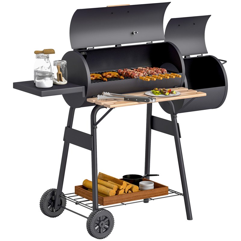 Outsunny Charcoal Barbecue Grill with Offset Smoker, Barrel BBQ Trolley with 3 Storage Shelves & Thermometer for Outdoor Garden Camping Picnic Cooking, Black
