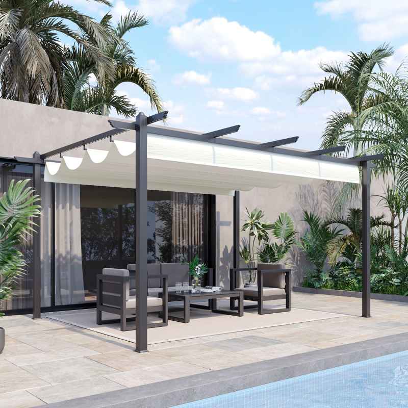 Outsunny 4 x 3(m) Aluminium Outdoor Pergola with Retractable Roof, Outdoor Gazebo Canopy Shelter with Grommet Holes for Garden, Patio, Lawn, Cream White