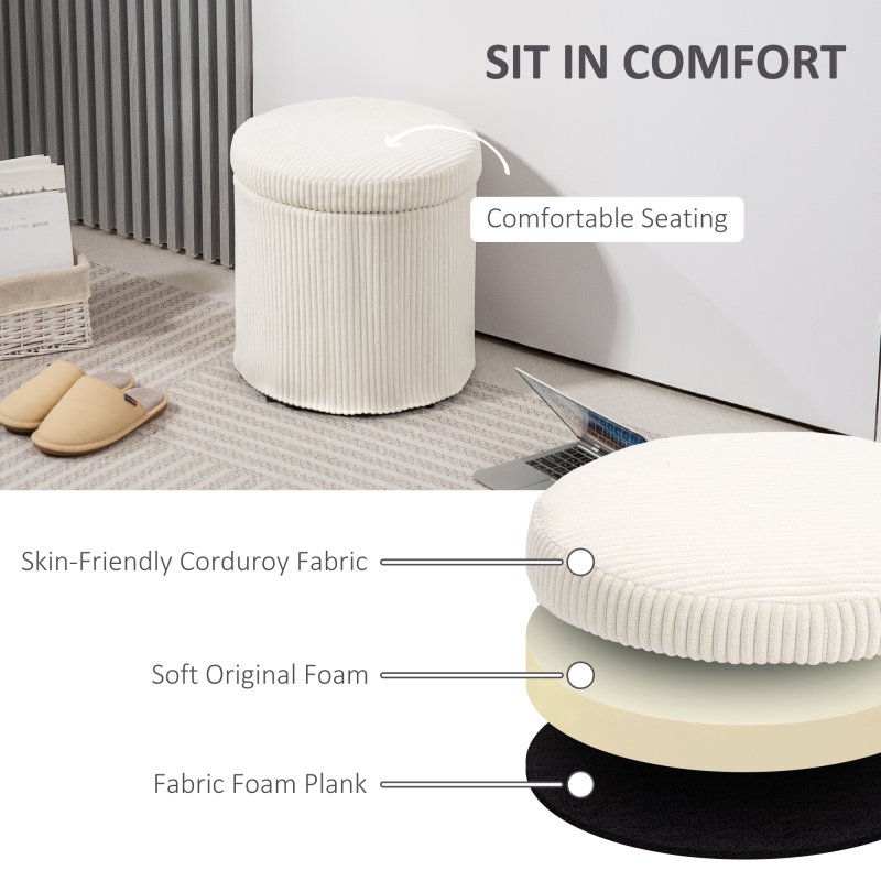 HOMCOM 40cm Round Storage Ottoman, Corduroy Footstool with Removable Lid and Legs, Vanity Stool for Living Room, Bedroom