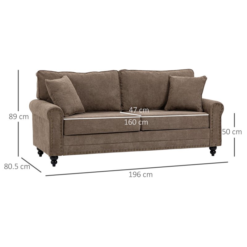 HOMCOM 3 Seater Sofa, Fabric Couch with Rubber Wood Legs, 3 Seater Settee with Extra Padded Cushions and Pillows for Living Room, 196W x 80.5D x 89H cm, Brown