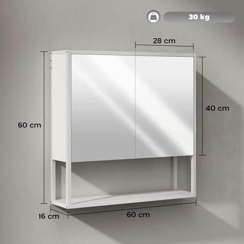 HOMCOM Bathroom Mirror Cabinet Wall Mounted with Soft-Close Doors and Adjustable Shelf, Industrial Bathroom Wall Cabinet with Open Storage, 60 x 16 x 60 cm