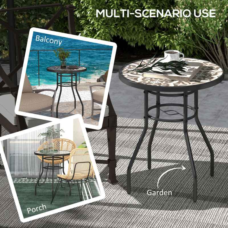 Outsunny 60 cm Garden Round Coffee Table,  Outdoor Side Table with Tempered Glass Printed Table Top and Foot Pads for Porch, Balcony, Tan Brown