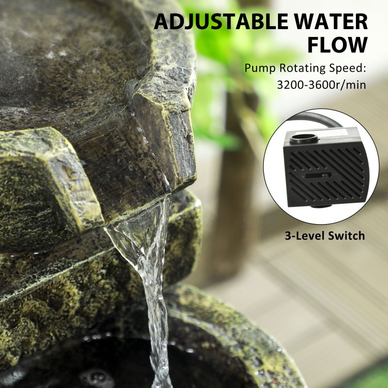 Outsunny Outdoor Garden Water Feature with 4-Tier Stacked Stone Look Bowls, Patio Cascading Waterfall Fountain, Adjustable Flow, Rustic D??cor, Black and Yellow