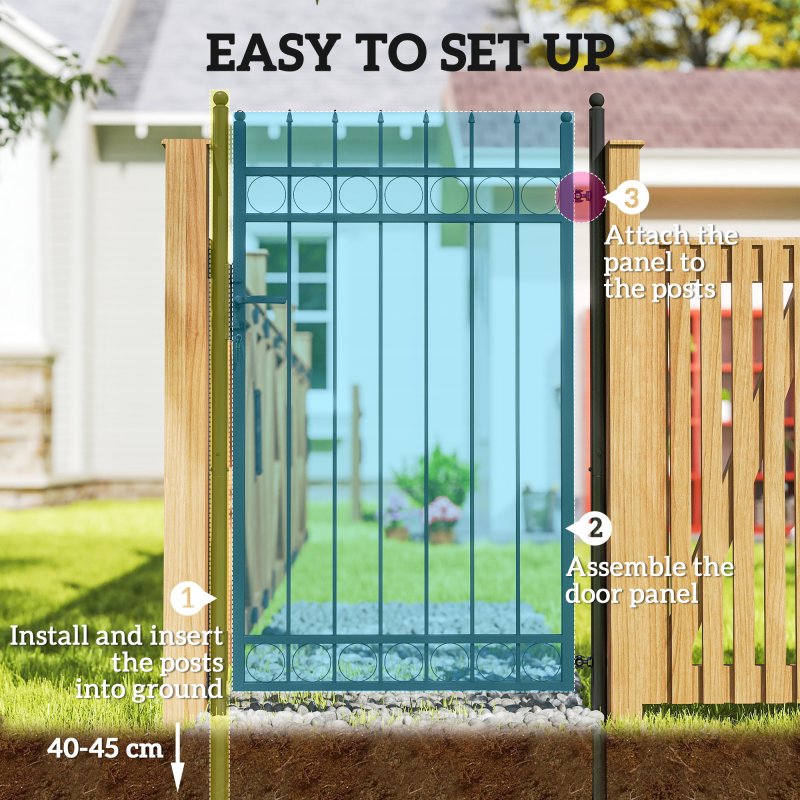 Outsunny Galvanised Steel Garden Gate, Outdoor Fence Gate Security Barrier with Lock, Keys and Handle, Outdoor Entrance Way Door with Classic Finials, 105 x 204 cm, Black