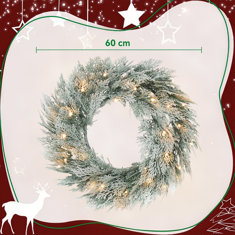 HOMCOM 60cm/ 24inch Prelit Christmas Wreath with 35 Warm White LED Lights, Timer, Battery Operated, Flocked Winter Door Wreath with All Realistic Branches, Silver Tone Glitter for Home Decorations