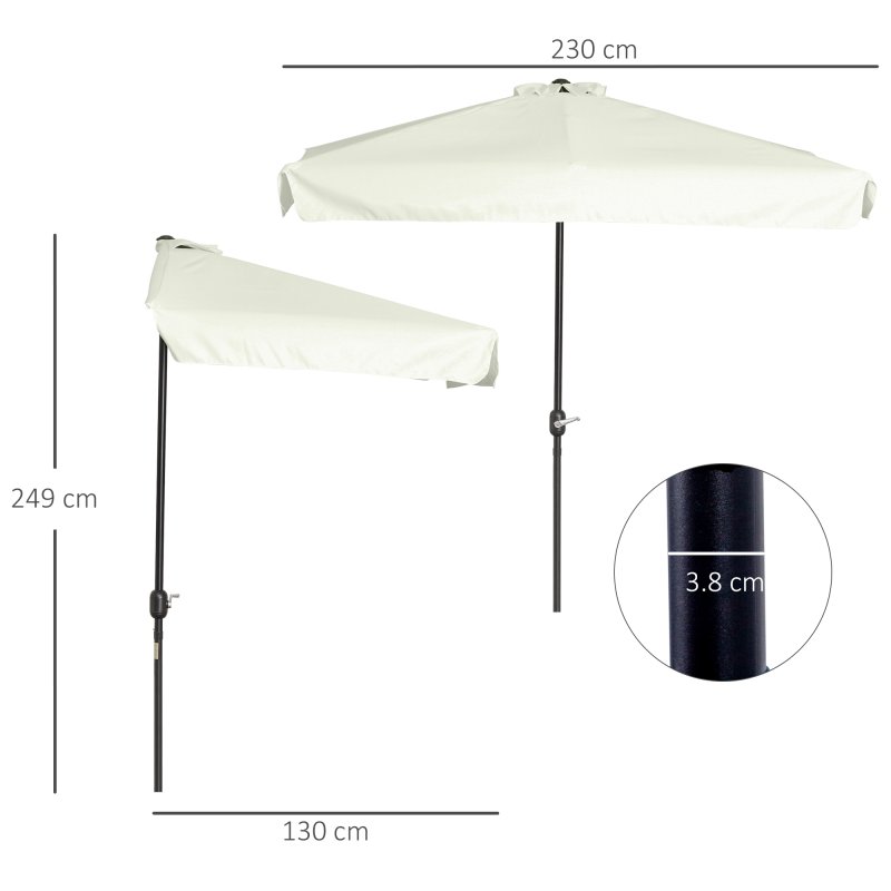 Outsunny 2.3m Half Parasol Semi Round Umbrella Patio Metal Frame Crank Handle for Balcony-- NO BASE INCLUDED, Off-White
