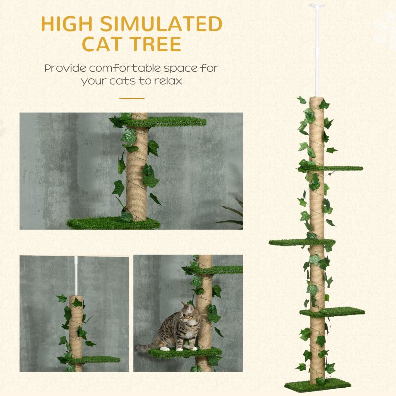 PawHut 242cm Floor to Ceiling Cat Tree for Indoor Cats with Leaves, Height Adjustable Cat Climbing Tower with Scratching Post, Anti-Slip Kit - Green
