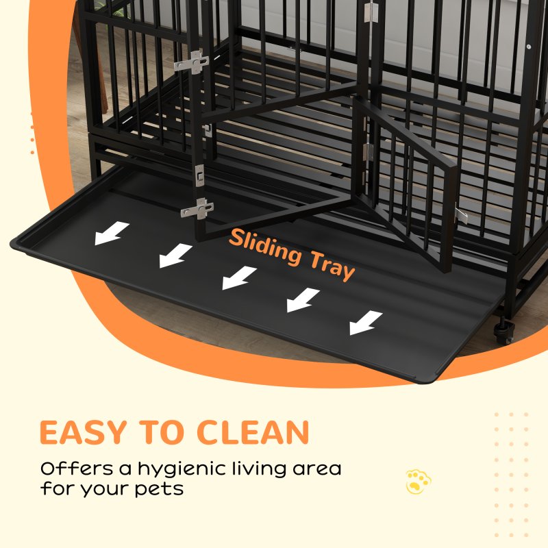 PawHut 48" Heavy Duty Dog Crate, Indoor Outdoor Dog Cage on Wheels with Locks, Removable Tray, Openable Top, 2 Doors, for Large and Extra Large Dog - Black