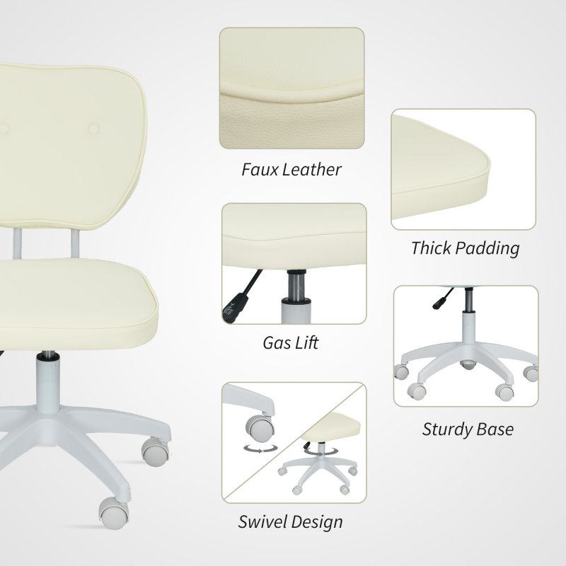 Vinsetto Cute Armless Office Chair, Small PU Leather Computer Desk Chair with Adjustable Height, Swivel Wheels, Mid Back, Cream White