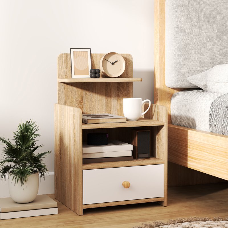 HOMCOM Bedside Table, Bedside Cabinet with Drawer, Modern Side Table with Shelf for Bedroom, Living Room, Natural Wood Effect