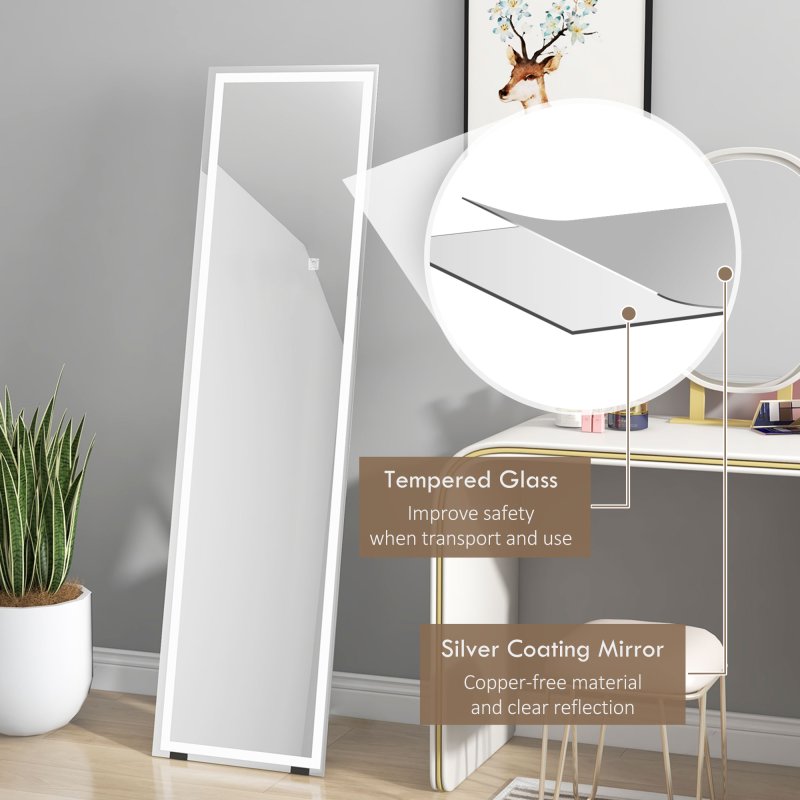 HOMCOM Full Length Mirror with LED Lights, 150x40cm Floor Mirror, Free Standing, Wall Mounted or Leaning, Full Size Body Mirror with Dimmable and 3 Colour Lighting for Bedroom, 32W, White