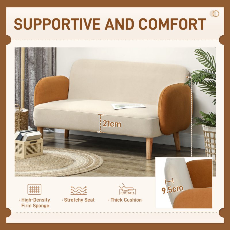 HOMCOM 2 Seater Sofa, Modern Nordic Loveseat Sofa Couch with Rubber Wood Legs, Velvet Fabric Sofa for Living Room, Bedroom, 130 x 74 x 76cm, Cream White and Orange