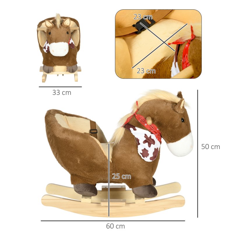 HOMCOM Kids Rocking Horse Plush Ride On Horse with Safety Belt, Realistic Sounds, Foot Pedals for Toddlers Aged 18-36 Months - Brown