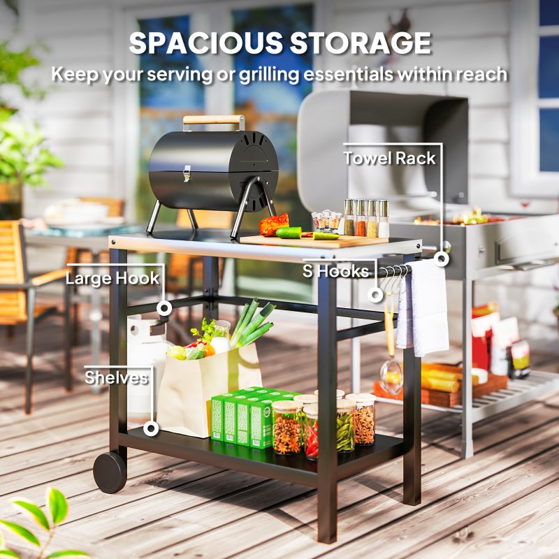 Outsunny Outdoor Grill Dining Cart 2-Shelf Movable Pizza Oven Table Stand with Stainless Steel Top, Portable BBQ Trolley Food Prep Outdoor Kitchen BBQ Station with Hooks Wheels Handle, Charcoal Grey