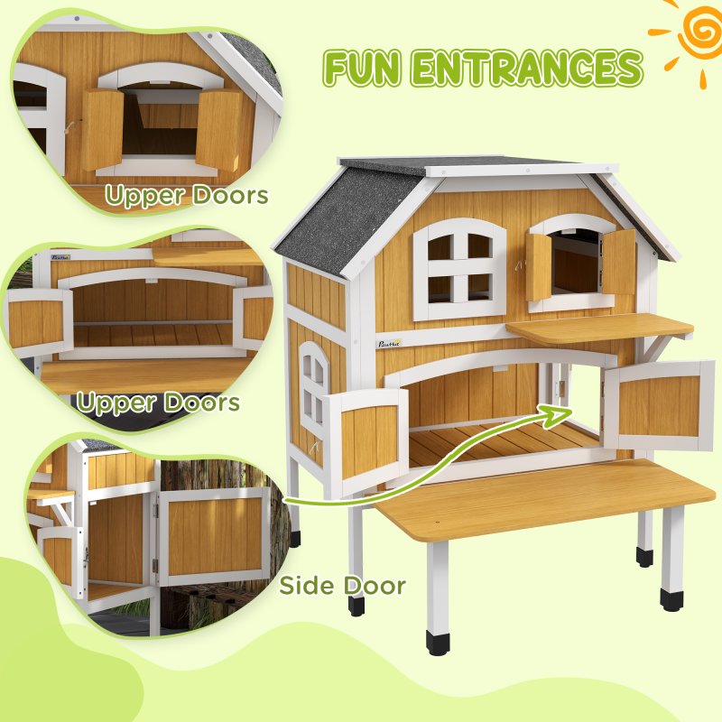 PawHut Wooden Outdoor Cat House, 2 Tiers Cat Shelter with Openable Asphalt Roof, Removable Panel, Escape Doors, Jumping Platform, Terrace, for 1-2 Cats - Yellow