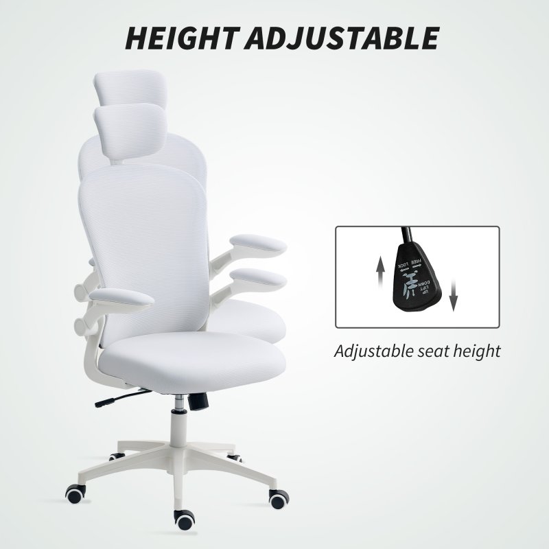 Vinsetto High Back Office Chair, Mesh Computer Desk Chair with Rotatable Headrest, 4D Lumbar Support, Flip-up Arm, Adjustable Height, White