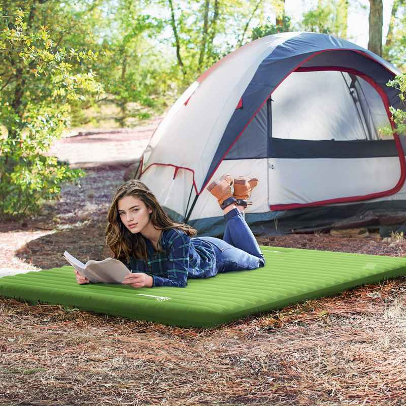 Outsunny 2 Person Camping Inflating Sleeping Mat Inflatable Mattress Ultralight Folding Bed Portable Air Bed for Outdoor Backpacking Hiking Travel - Green