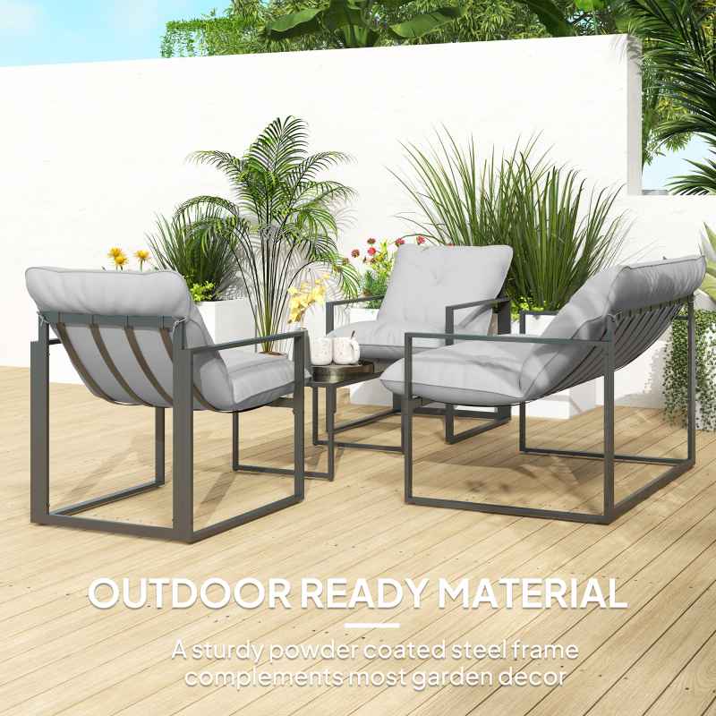 Outsunny 4 Piece Garden Sofa Set, 2 Single Armchair, Loveseat and Coffee Table Set with Steel Frame, Outdoor Furniture with Thick Cushions, Light Grey