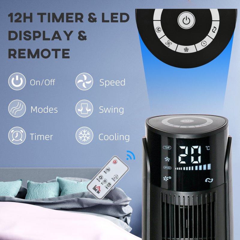 HOMCOM 2.8L 2-in-1 Evaporative Air Cooler, Portable Tower Fan with 4 Modes, 3 Speed, Remote Control, 12H Timer, Oscillating for Home Bedroom, Black