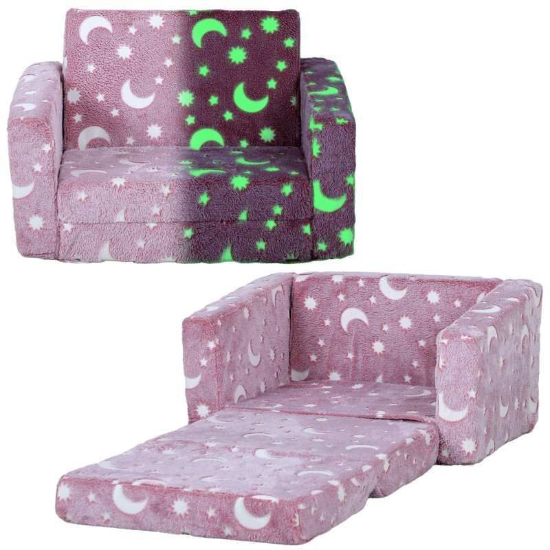 AIYAPLAY Kids Sofa Bed, 2 in 1 Kids Folding Bed Toddler Armchair with Glow in The Dark Stars Design, Washable Cushion and Cover, Convertible Kid Chair to Lounger for 1.5-3 Years Old, 1 Seater, Pink