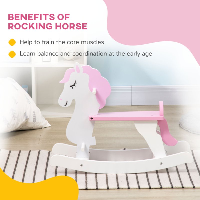 HOMCOM Kid Wooden Rocking Horse, Ride-On Toy with Handlebar, Foot Pedal for Toddlers Boys Girs (Pink) for Ages 1-3 Years