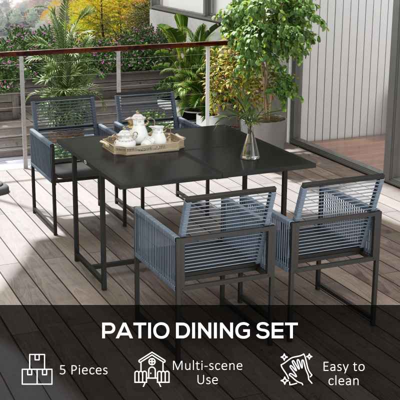 Outsunny 5 Pieces Garden Dining Set, Outdoor Patio Cube Set, 4 Seater Outdoor Table and Chairs with Foldable Backrest, Tempered Glass Top, Handwoven Rope for Poolside, Space-Saving, Dark Grey