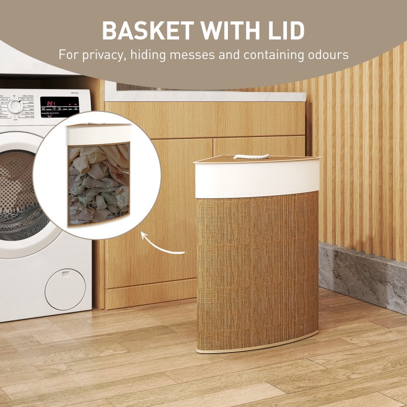 HOMCOM Bamboo Laundry Basket with Lid, 55L Corner Laundry Hamper with Removable Washable Liner Bag, Bathroom Triangle Washing Basket, 35 x 35 x 60 cm