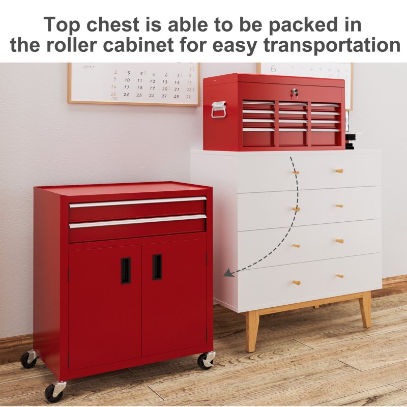 HOMCOM Tool Chest, Metal Tool Cabinet on Wheels with 6 Drawers, Pegboard, Top Chest and Roller Cabinet Combo, 61.6 x 33 x 108cm, Red