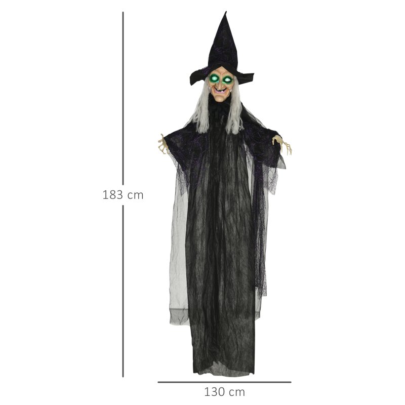 HOMCOM 6ft Outdoor Halloween Decoration Witch, Standing Witch Prop Life Size with Sound and Motion Activated, Light Up Eyes, Talking Sound, Posable Arms