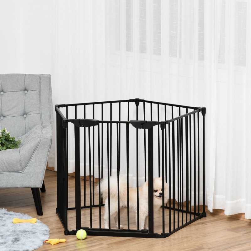 PawHut Pet Safety Gate, 5 Panels Playpen Fireplace, Metal Fence, Stair Barrier, Room Divider w/ Walk-Through Door - Black