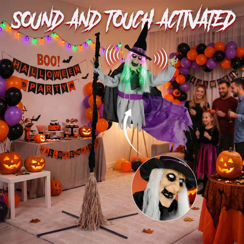 HOMCOM 200cm Life Size Animated Flying Witch Halloween Decorations Outdoor Indoor, Scary Halloween Animatronics Decor with Sound Touch Activated, Light Up Animated Prop for Yard Garden